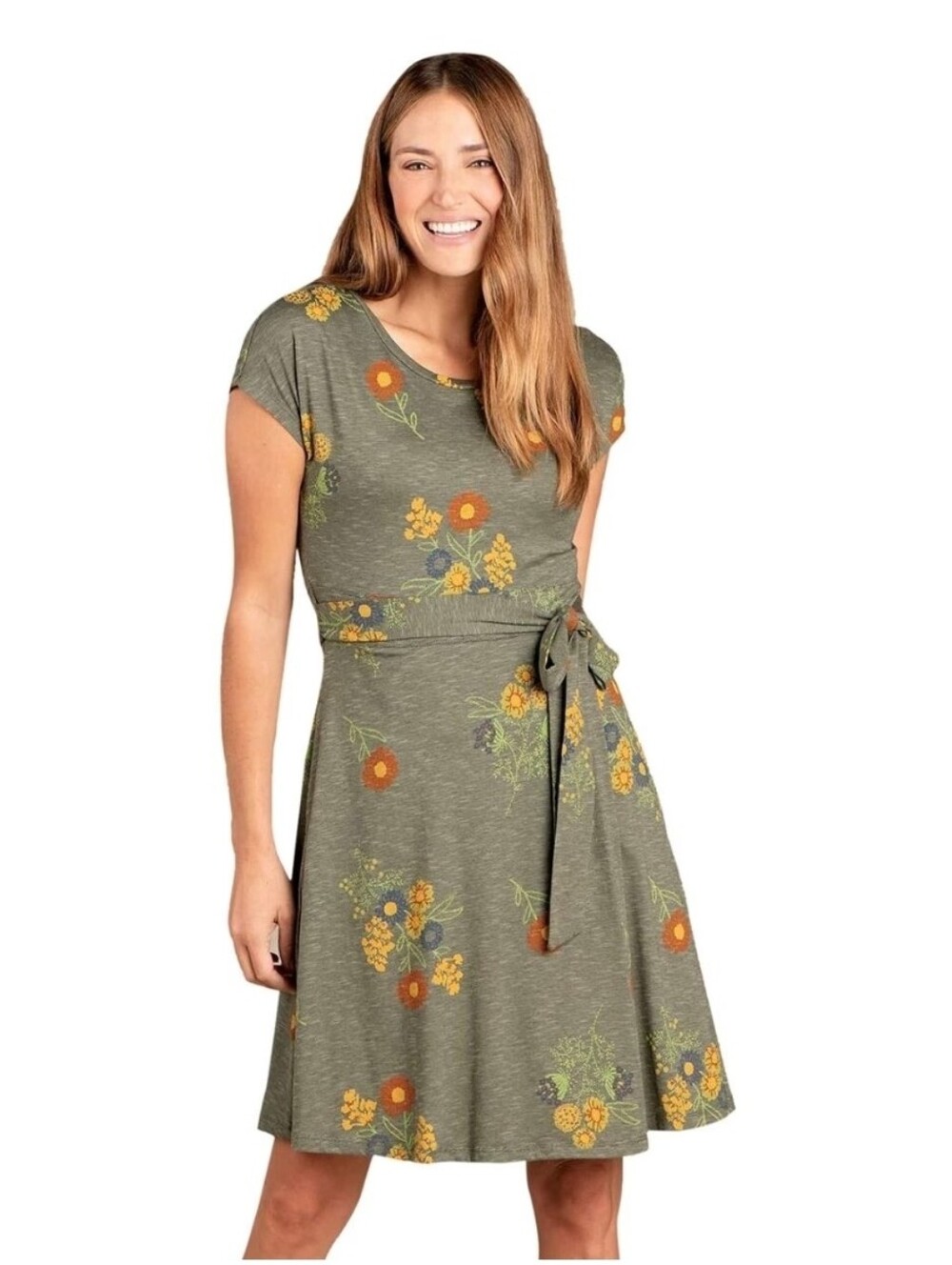 Floral Tie-Waist A-Line Dress in Olive Green